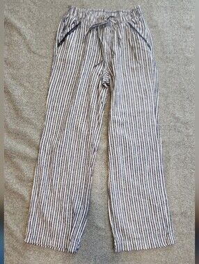 Briggs Linen Blend Striped Pants Women’s Size S | Navy White Pull‑On | 28.5” Ins